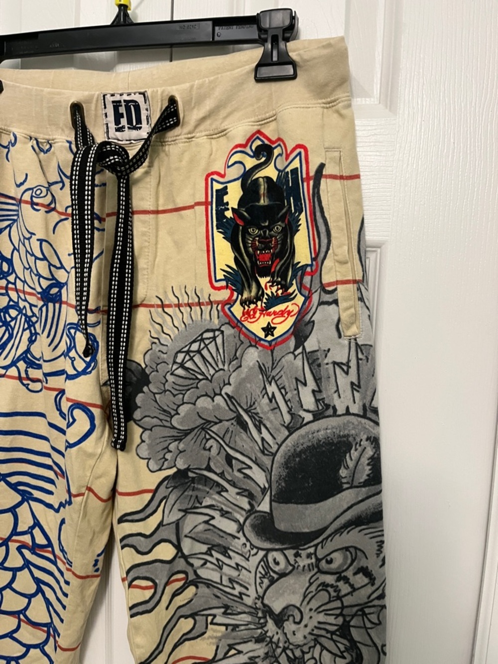 Ed Hardy Tan Sweatpants with Blue Koi & Gray Tiger Graphics medium - Picture 4 of 10